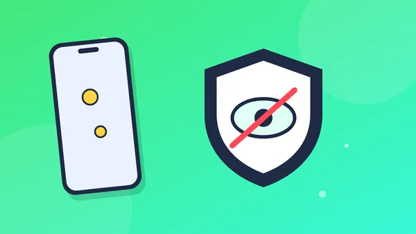 Illustration of a phone beside a shield with a crossed-out eye, representing privacy